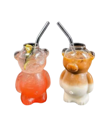 320ml Cute Bear Glass Cup with Straw — Transparent Cartoon Coffee Mug, Perfect Gift for Women