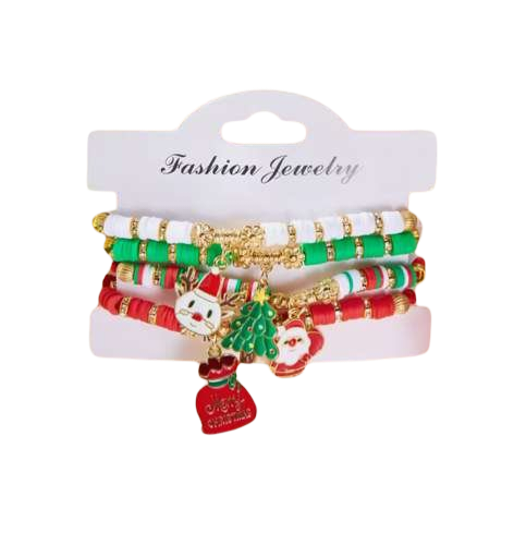 4-Piece Merry Christmas Bracelet Set — Santa Claus, Crystal Deer & Beaded Woven Bracelets for Women