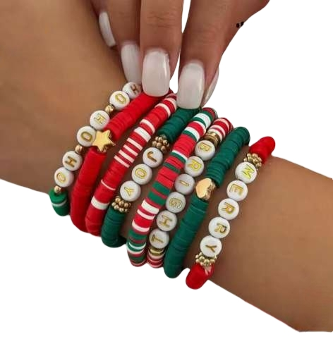 Ingesight 8-Piece Y2K Christmas Bracelet Set — Polymer Clay Beaded Adjustable Stackable Bangles for Women