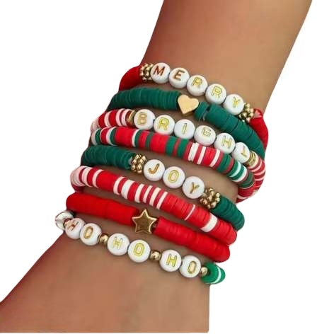 Ingesight 8-Piece Y2K Christmas Bracelet Set — Polymer Clay Beaded Adjustable Stackable Bangles for Women