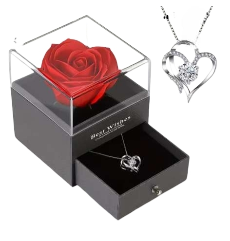 Exquisite Rose Gift Box with Heart Necklace — Romantic Gift for Women (Anniversary, Birthday & Christmas)