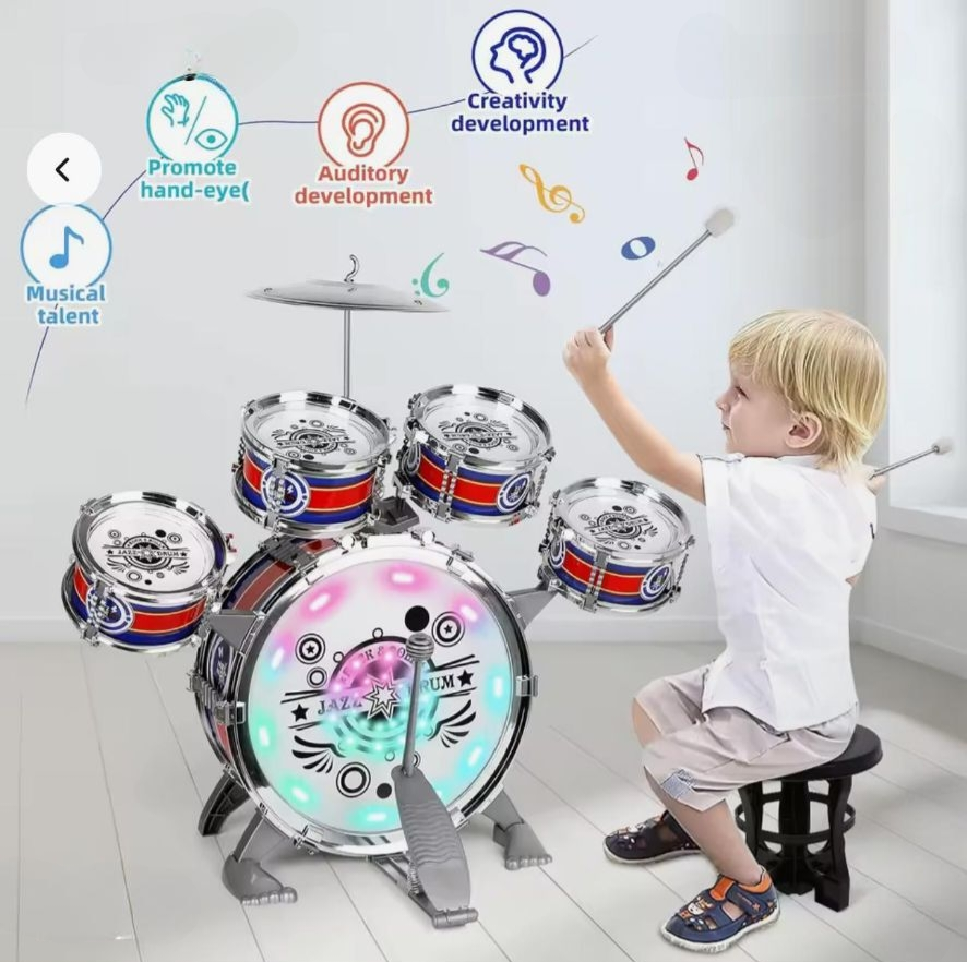 Mini Jazz Drum Set with LED Lights – 6-Drum Musical Instrument Toy with Stool for Kids