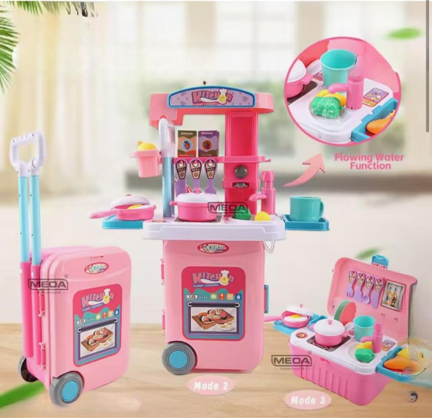 Mini 3-in-1 Kitchen Set Toy – Portable Suitcase with Tableware & Storage Box for Kids.