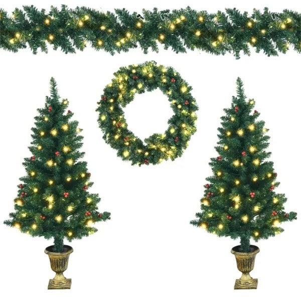 4 Pieces Christmas Decoration Set With Garland Wreath And Entrance Trees