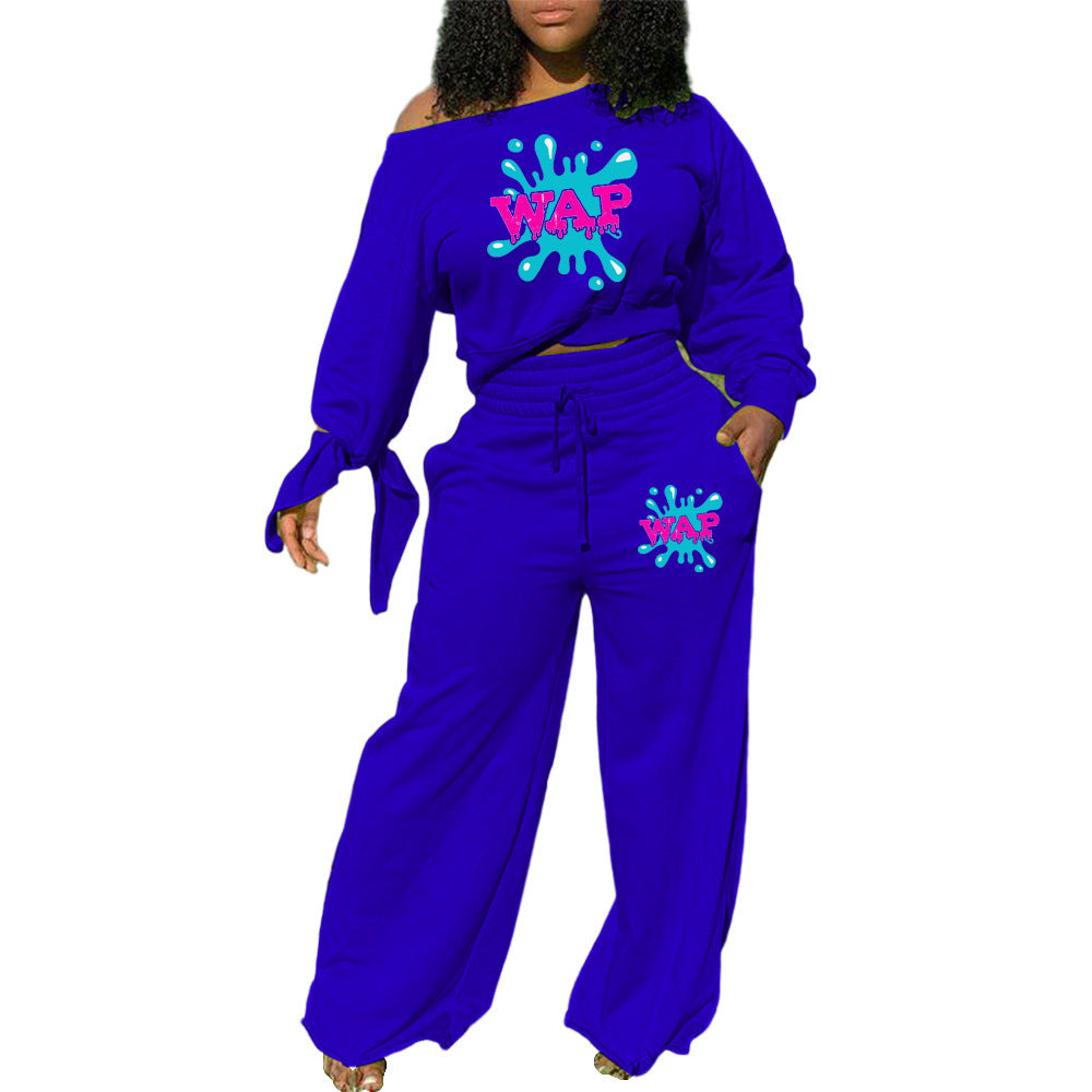 Casual Solid Color Printing Long-sleeved Knotted Wide-leg Pants Two-piece Suit