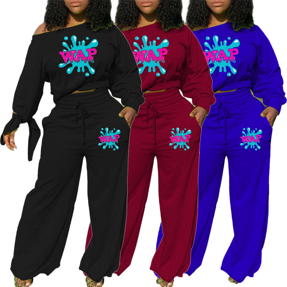 Casual Solid Color Printing Long-sleeved Knotted Wide-leg Pants Two-piece Suit