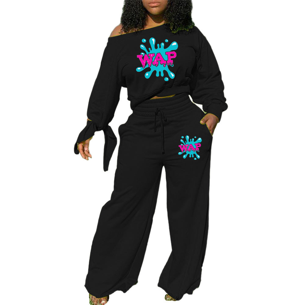 Casual Solid Color Printing Long-sleeved Knotted Wide-leg Pants Two-piece Suit