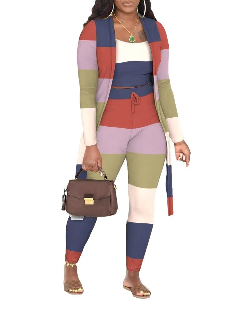 Casual Fashion Colored Plaid Pattern Trousers Jacket Three-piece Set