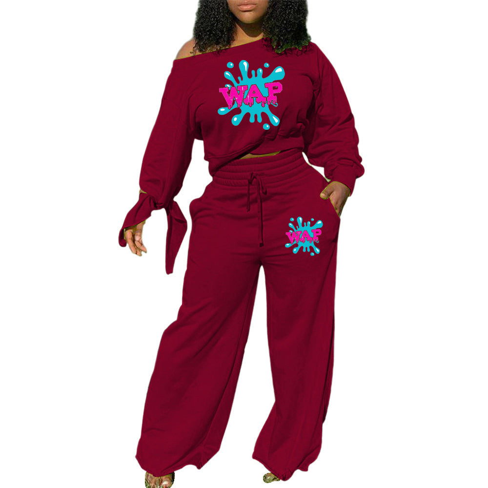 Casual Solid Color Printing Long-sleeved Knotted Wide-leg Pants Two-piece Suit