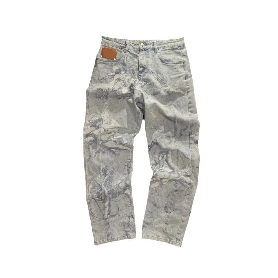 Casual All-match Graffiti Washed Worn Jeans