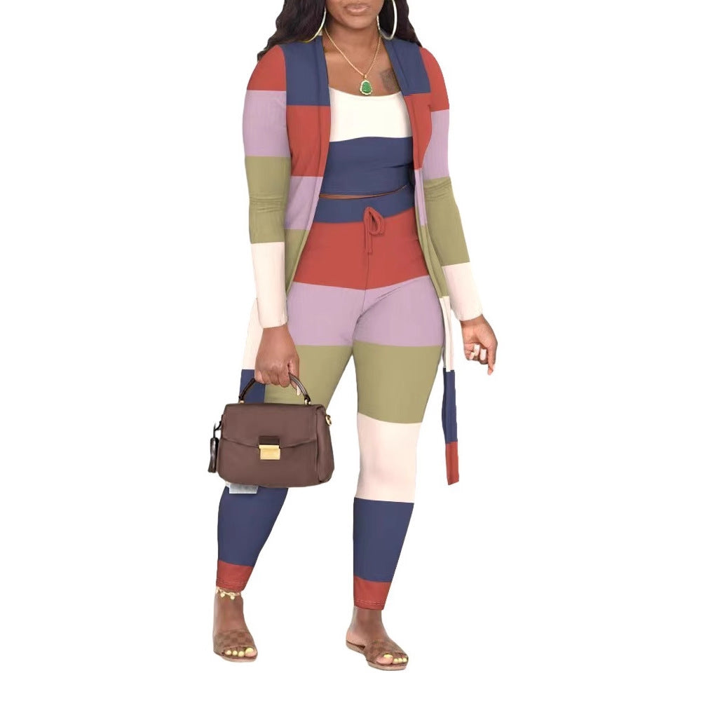 Casual Fashion Colored Plaid Pattern Trousers Jacket Three-piece Set