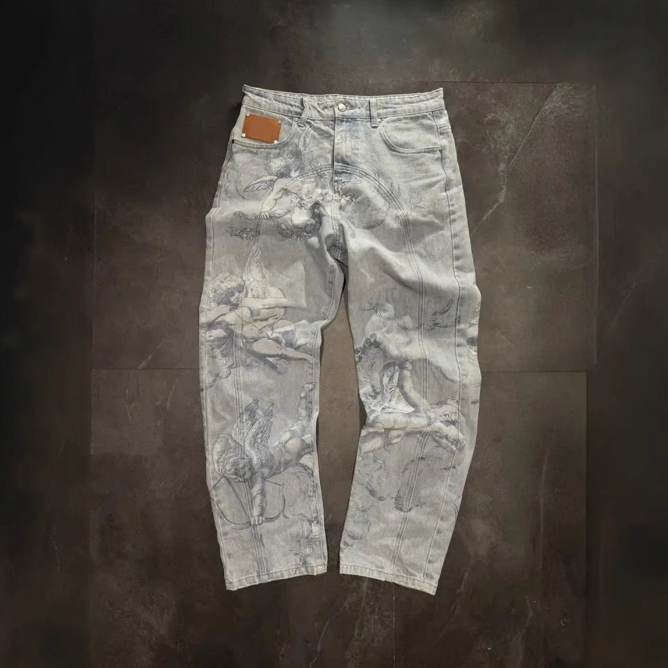 Casual All-match Graffiti Washed Worn Jeans