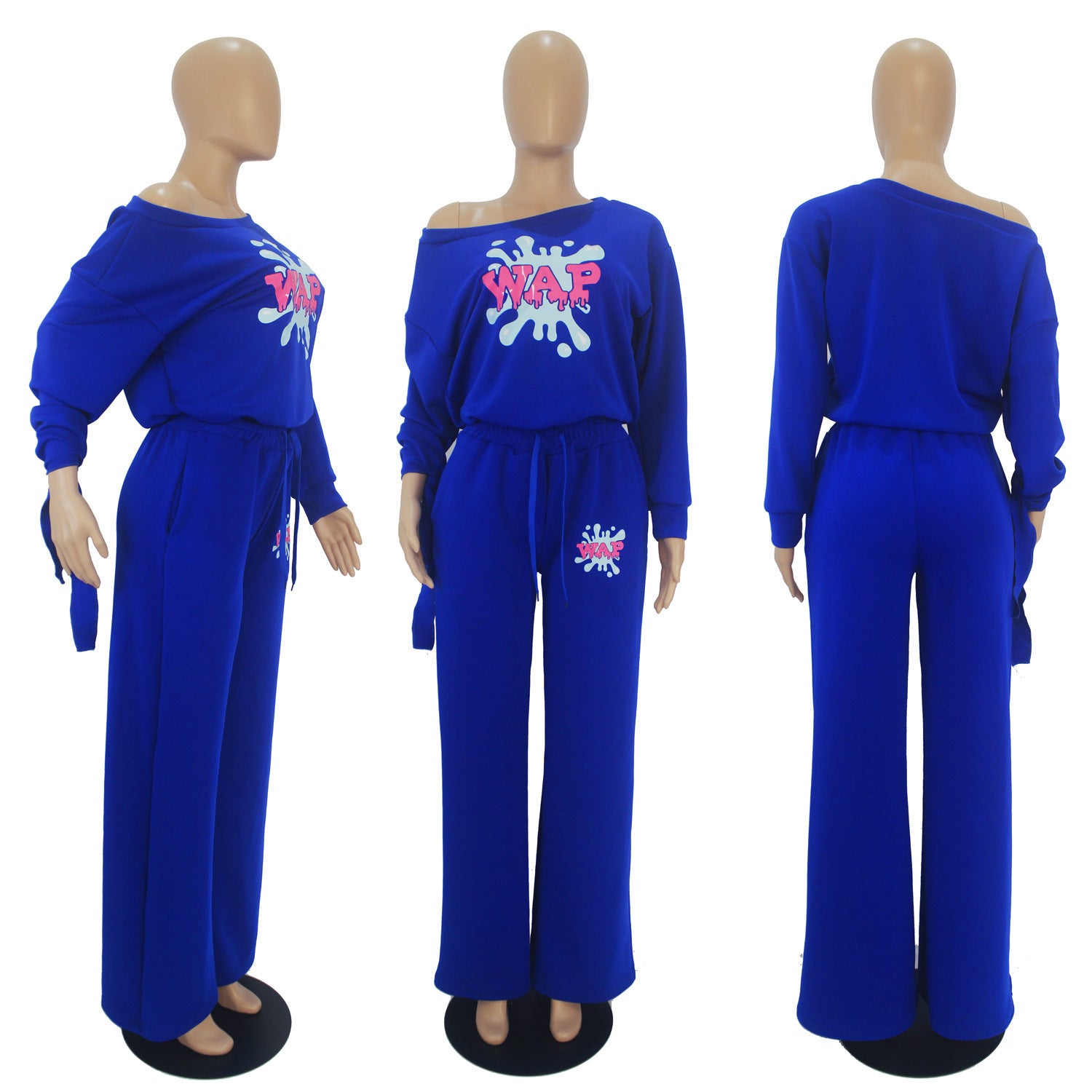 Casual Solid Color Printing Long-sleeved Knotted Wide-leg Pants Two-piece Suit