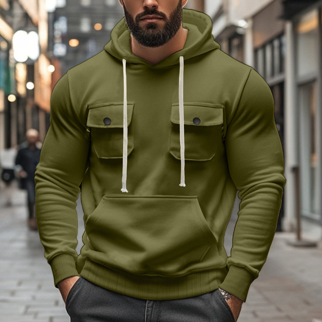 Workwear Multi-pocket Long Sleeve Solid Color Coat For Men