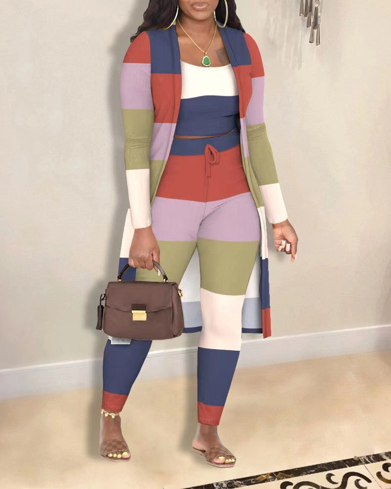 Casual Fashion Colored Plaid Pattern Trousers Jacket Three-piece Set
