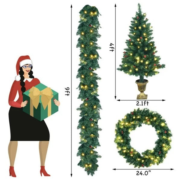 4 Pieces Christmas Decoration Set With Garland Wreath And Entrance Trees
